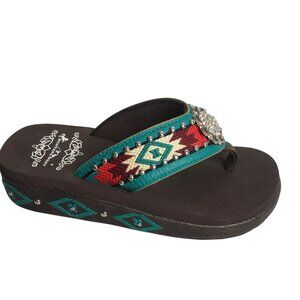 Montana West Sandals Shoes Womens Size 7 Brown Teal Aztec Wedge Rhinestone